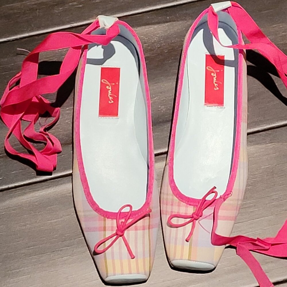 Joules Pink Check ballet flats with bright Pink ribbons EU 39